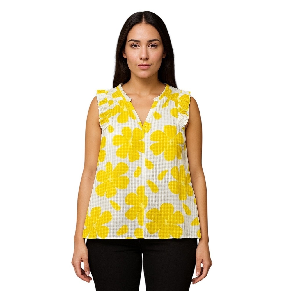 Cato Womens Size XL Yellow Floral Sleeveless Blouse Ruffle Sleeve Top Chic